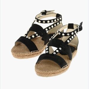 NIB Jimmy Choo Denise Black Suede w/ Pearls Espadrille Sandals Size 8.5 $650